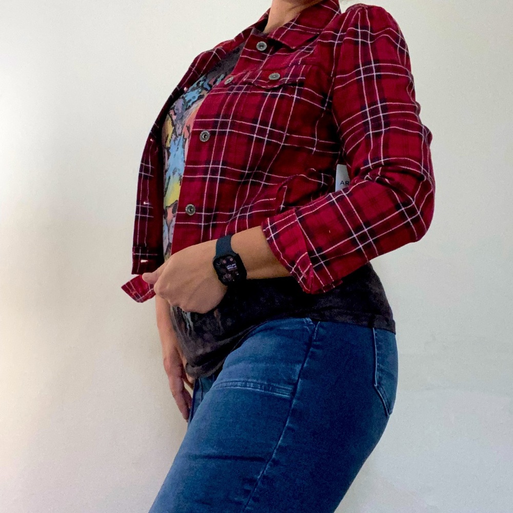 New with tags - ARIZONA - plaid jean jacket - size small